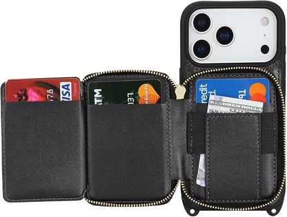 Crossbody Wallet Case for iPhone 17 Pro, PU Leather Zipper Handbag Purse Flip Cover, Kickstand Folio Case with Card Slots Holder Wrist Strap Lanyard 5G 6.3 Inch-Black