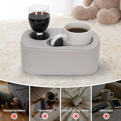 G GOOD GAIN Couch Cup Holder Pillow - Sofa & Bed Organizer Caddy for Drinks, Phones, Remotes, Snacks | Portable Tray for Car, Boat, RV, Picnic,PUGrey