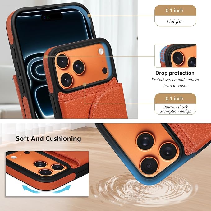 Keallce Wallet Case for iPhone 17 Pro Max 6.9'', Genuine Leather Magnetic Flip Case with RFID Blocking, Card Holder Slots and Kickstand, Protective Folio Cover for Women, Orange