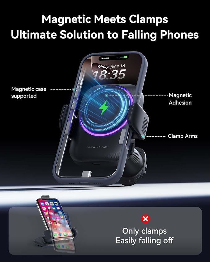 INIU Qi2 Certified 15W Car Phone Holder Wireless Charger, Ultra-Stable 22N for MagSafe Car Mount Charger with Cooling Fins & RGB Lighting Only for iPhone 16/15/14/13/12 Series, White