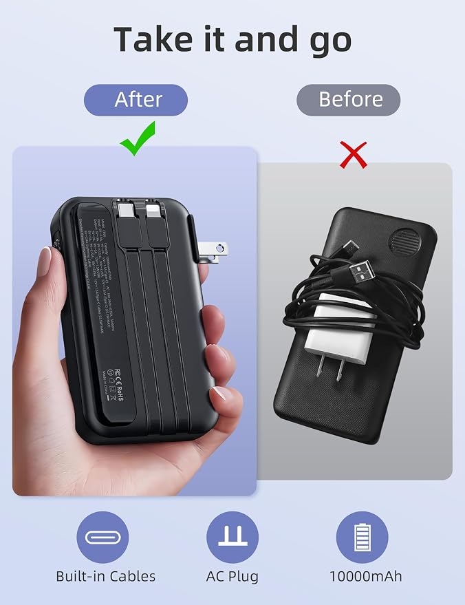 RORRY Portable Charger w/Wall Plug 10000mAh Power Bank 22.5W Battery Pack | Built in Cables, Fast Charging, for iPhone, iPad, Samsung Galaxy, Pixel, LG, Travel Essential, Digital Display, Pocket Size