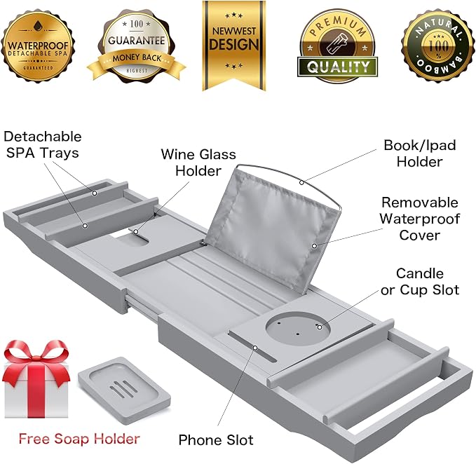 Bamboo Bathtub Caddy Tray (Non-Foldable, Gray)