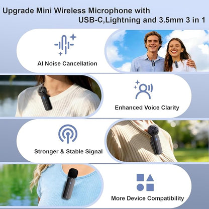 2-Pack Wireless Mini Lavalier Lapel Microphone for iPhone,Android Device(3 in 1) - 65ft Cordless Clip on Dual Mics with Noise Reduction 6H Working Time for Video Recording Vlogging, YouTube, Interview