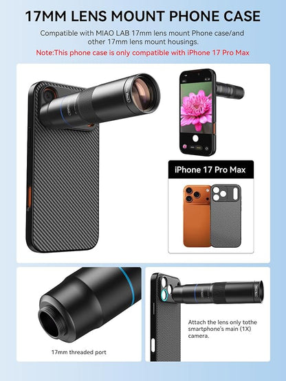 MIAO LAB HD 10X Telephoto Lens & 200mm Macro Lens, 2-in-1 Aluminum Phone Camera Lens Kit with 17mm Lens Thread Interface Mobile Phone case. Phone Lens Attachment Fit for iPhone 17 Pro Max