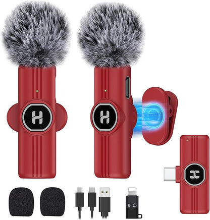 USB C Mini Wireless Lavalier Microphone for iPhone 15 16, iOS and Android Devices - Noise Reduction Lapel Mic for Recording, Clip Omni Lav Mic for Video Recording, Tiktok, YouTube, Vlog (Red)