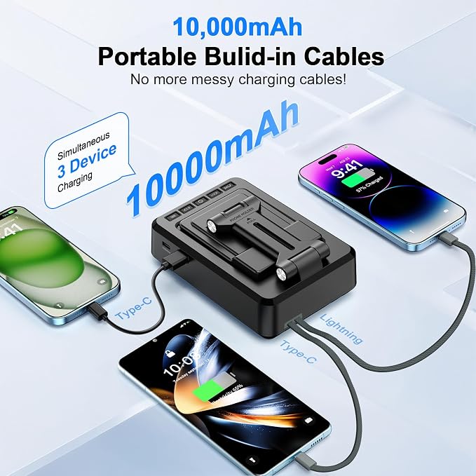 Jteman Cell Phone Stand Bluetooth Speaker with Built-in Cables,Foldable Adjustable Holder,All-in-One Audio Stand for iPhone Android,Birthday Gifts for Men Women