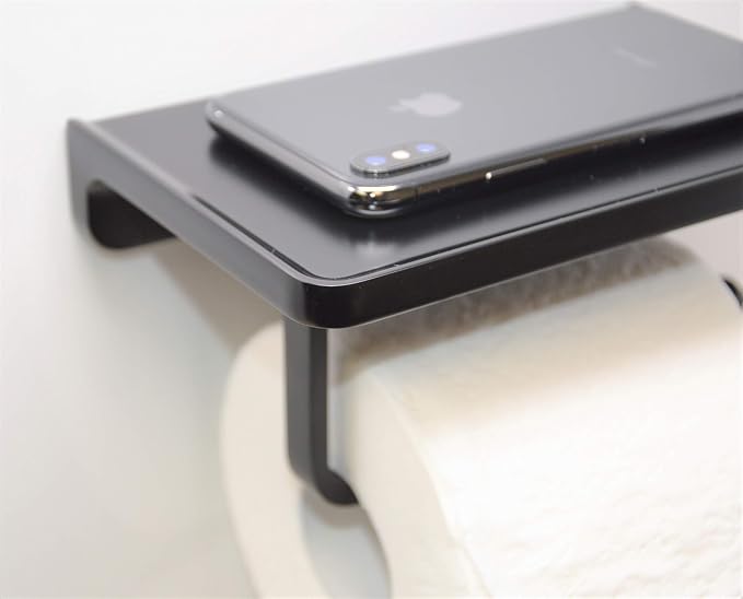 Linkaa Wall Mount Toilet Paper Holder with Shelf Matte Black，Zinc Alloy Toilet Tissue Holder with Phone Holder for Bathroom RV Commercial Toilet Tissue Dispensers，Rust-Proof