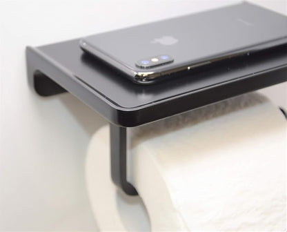 Linkaa Wall Mount Toilet Paper Holder with Shelf Matte Black，Zinc Alloy Toilet Tissue Holder with Phone Holder for Bathroom RV Commercial Toilet Tissue Dispensers，Rust-Proof