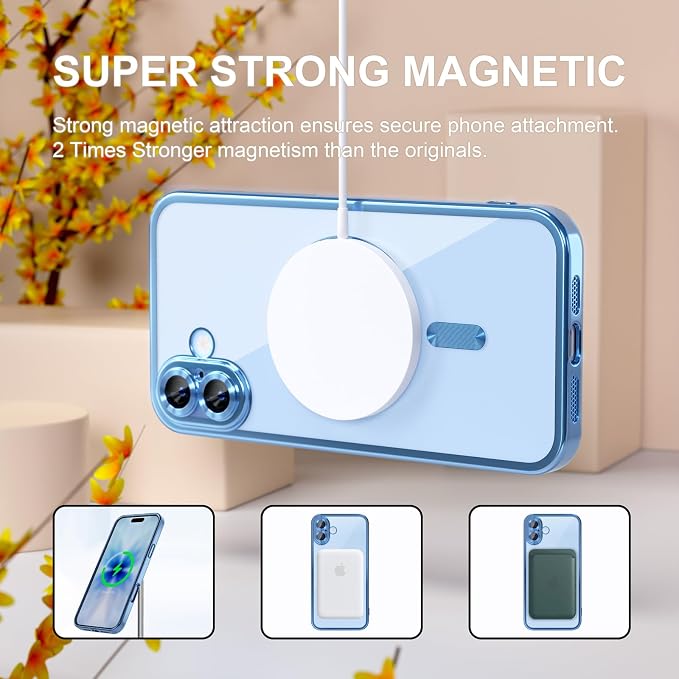 Misea Magnetic for iPhone 17 Case Compatible with MagSafe [Never Yellowing] [Military Grade Drop Protection] Full Camera Lens Protector Plating Soft Clear Phone Case for Women, Mist Blue