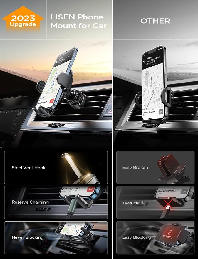 LISEN for iPhone 17 Phone Mount for Car [Ultla Stable] Phone Holder for Car Vent[Never Blocking] Steel Hook Clip Car Phone Holder Mount for iPhone 16 15 Pro Samsung Galaxy S223/S22 All Phones Kits