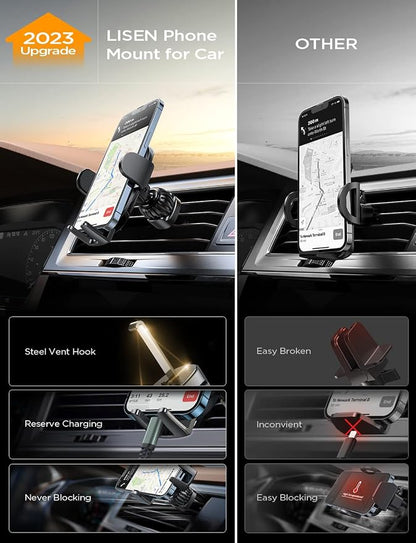 LISEN for iPhone 17 Phone Mount for Car [Ultla Stable] Phone Holder for Car Vent[Never Blocking] Steel Hook Clip Car Phone Holder Mount for iPhone 16 15 Pro Samsung Galaxy S223/S22 All Phones Kits