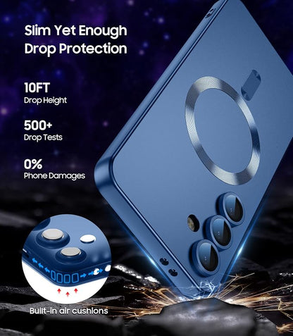 Magnetic for Samsung Galaxy S25 FE Case [Compatible with MagSafe][Built-in Camera Lens Protector] Slim Soft Silicone Bumper Shockproof Metallic Luster Phone Case, Blue