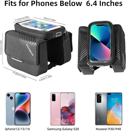 ROCKBROS Bike Frame Bag, Waterproof Top Tube Bike Bag, Large Storage Touch Screen Bike Cell Phone Holder Suitable for iphone X,11,12,13,14 Below 6.4"