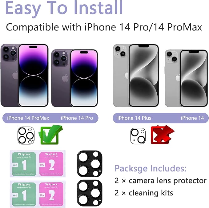 2 Pack Camera Lens Protector for iPhone 14 Pro/14 Pro Max,Metal AR Tempered Glass Rear Camera Screen Cover,Anti-Scratch,Strong Adsorption,Case Friendly, Easy to Install-Black