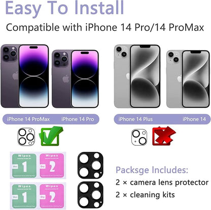 2 Pack Camera Lens Protector for iPhone 14 Pro/14 Pro Max,[Not Easy to Breakn ] AR Tempered Glass Strong Adsorption Metal Camera Cover Screen-Black