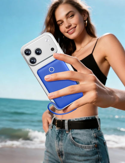 miisso 10000mAh Mini Portable Charger with Built in Cable, Pocket Size Power Bank Travel External Battery Pack for Phone, 3 Output USB Type C Cord Clutch Compatible with iPhone, Samsung, Deepblue