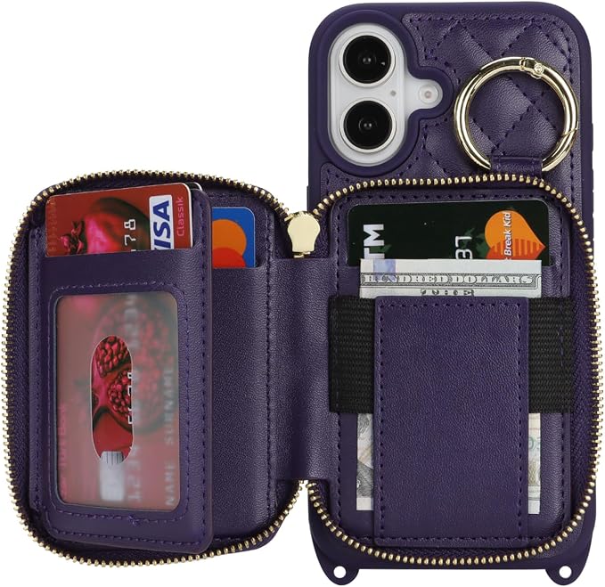 Crossbody Wallet Case for iPhone 17, PU Leather Zipper Handbag Purse Flip Cover, Kickstand Folio Case with Card Slots Holder Wrist Strap Lanyard 5G 6.3 Inch-Purple