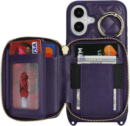 Crossbody Wallet Case for iPhone 17, PU Leather Zipper Handbag Purse Flip Cover, Kickstand Folio Case with Card Slots Holder Wrist Strap Lanyard 5G 6.3 Inch-Purple
