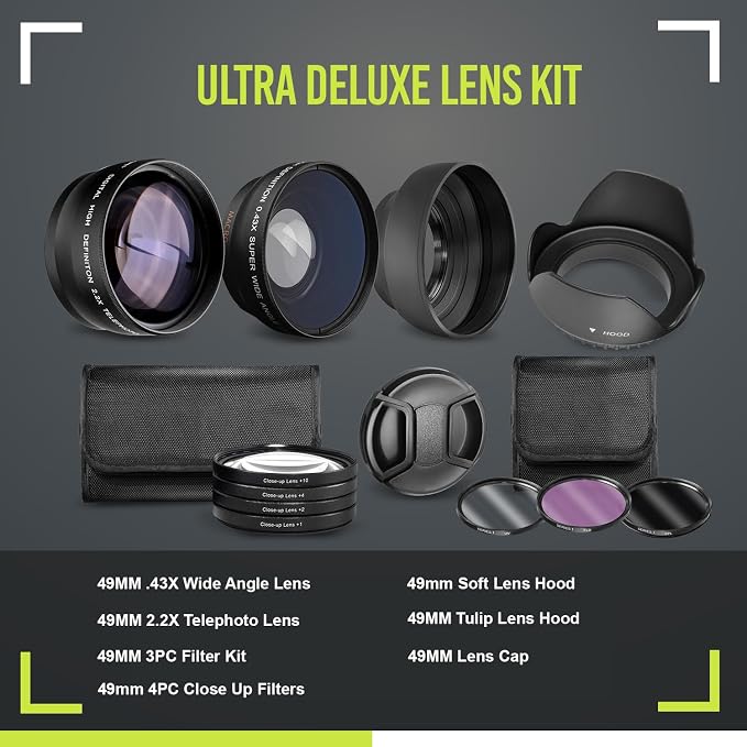 Ultra Deluxe Lens Kit for EOS M6 II, EOS M50 II, EOS M200 with 15-45mm Lens, EOS R10, EOS R50, EOS R100 with 18-45mm, Fuji X100V - Includes: 7pc 49mm Filter Set + 49mm Wide Angle and Telephoto Lens