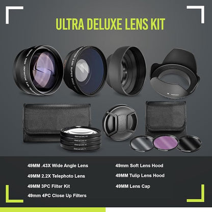 Ultra Deluxe Lens Kit for EOS M6 II, EOS M50 II, EOS M200 with 15-45mm Lens, EOS R10, EOS R50, EOS R100 with 18-45mm, Fuji X100V - Includes: 7pc 49mm Filter Set + 49mm Wide Angle and Telephoto Lens