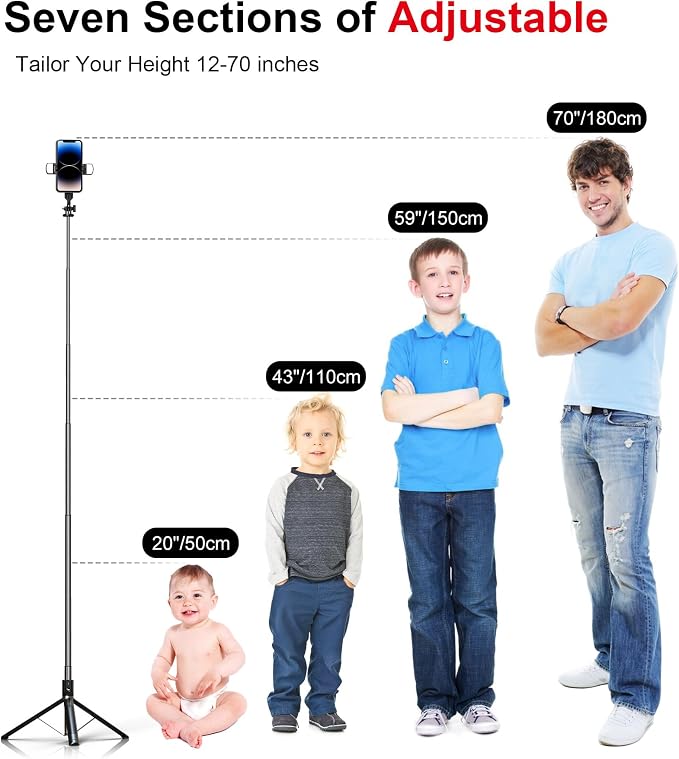 Selfie Stick Phone Tripod with Remote and LED Fill Lights - ASHINER 70 inch Heigh Cell Phone Holder for Travel, Vlogging, Live Streaming Video and Photos,Phone Stand Compatible with iPhone and Android