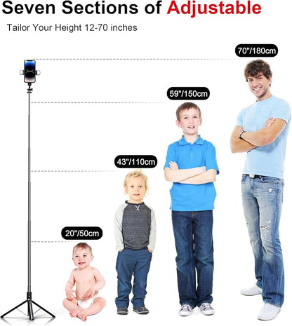 Selfie Stick Phone Tripod with Remote and LED Fill Lights - ASHINER 70 inch Heigh Cell Phone Holder for Travel, Vlogging, Live Streaming Video and Photos,Phone Stand Compatible with iPhone and Android