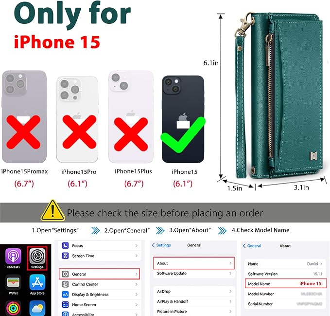 Wallet Case for iPhone 15 with Card Holder/Crossbody Wallet/Strap| RFID Blocking | Magnetic | Kickstand | Detachable | PU Leather Phone Case for iPhone 15,6.1 in,Green