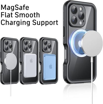 Waterproof Phone Case for iPhone 16 Pro, [Compatible with Magsafe] [IP68 Underwater] [Built-in Screen Protector & Glass Camera Protector] Full Body Shockproof Cover with Lanyard Black/Clear