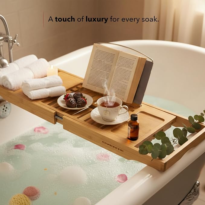 OVENTE Bathtub Tray Caddy, Expandable Bamboo Bath Tray Table, Wooden Tub Board with Books, Tablets, Phone and Wine Glass Holder, Bathroom Accessories and Home Spa Essentials, Wood BTC20228