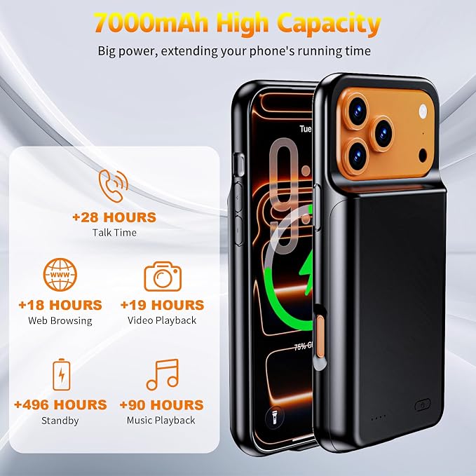 2026 Ultra-Slim Battery Case for iPhone 17 Pro Max(6.9 inch), Charging Case 7000mAh Rechargeable Portable Extended Charger Case Cover w/Tempered-Glass Protector - Black