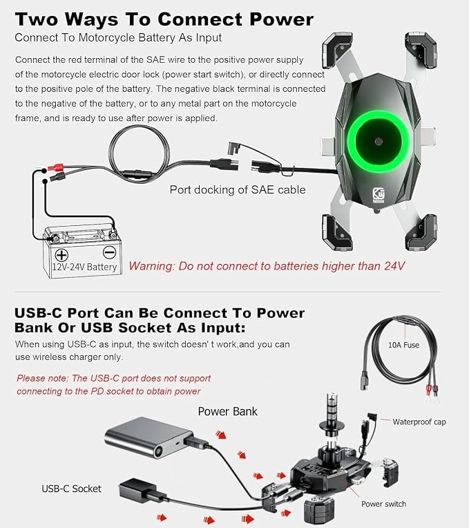 Kewig Motorcycle Fork Stem Phone Mount with Qi 15W Wireless Charger & USB C 20W Fast Charging Port, One-Push Automatically Lock & Quick Release Handlebar Phone Holder for 4.0-6.9" Phone