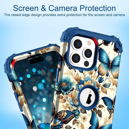Hocase for iPhone 15 Pro Max Case, Heavy Duty Shockproof Protection Soft Silicone Rubber Bumper+Hard Plastic Hybrid Protective Case for iPhone 15 Pro Max 6.7" 2023 - Blue Butterflies