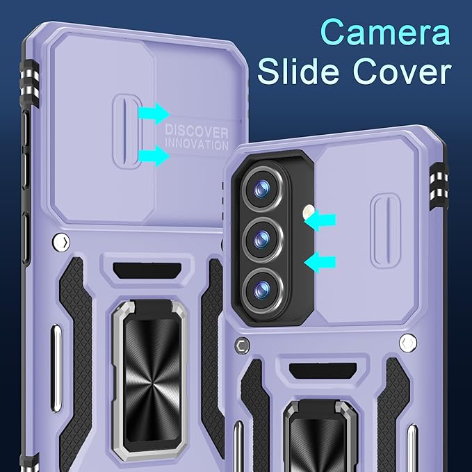 DEERLAMN Case for Samsung Galaxy A37 5G with Slide Camera Cover+Screen Protector (1 Pack), Rotated Ring Kickstand Military Grade Shockproof Protective Cover-Light Purple