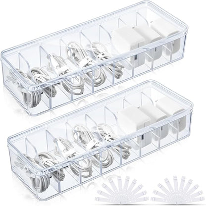 Tatuo 2 Pcs Cord Organizer for Drawer Desktop, Cable Organizer Box with 8 Compartments and Wire Ties, Plastic Charger Storage with Lid, Electronics Case for Home Office Accessories (Small,Clear)