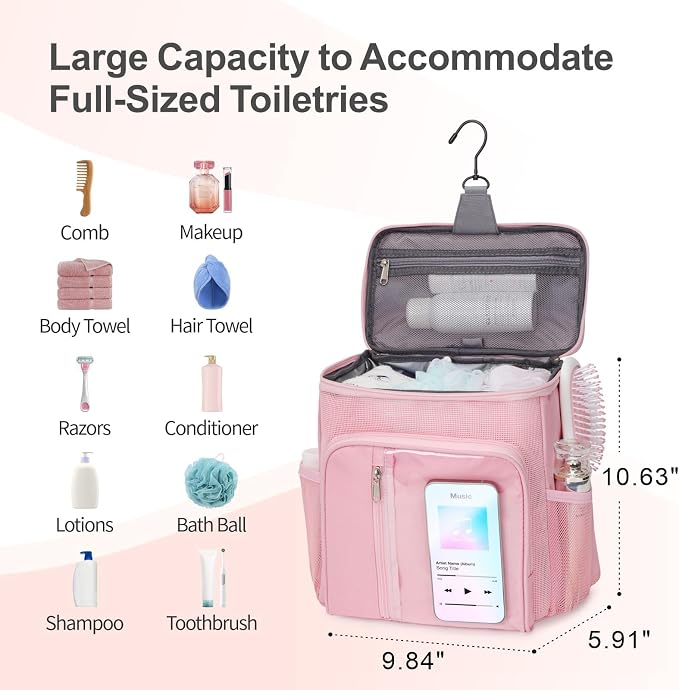 F-color Shower Caddy Portable for College Dorm Essentials - Large Hanging Sturdy Handle Toiletry Tote Bag with Hook, Multiple Pockets, Quick Dry Organizer for Camping, Travel, Gym, Pink