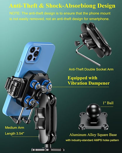 BRCOVAN Anti-Theft Phone Mount Holder with Vibration Dampener [1s Lock & Release] [Camera Friendly] with Aluminum Medium Arm & Square Base, for Car Boat Truck Motorcycle ATV UTV, Fit 5.4-7.2'' Phones