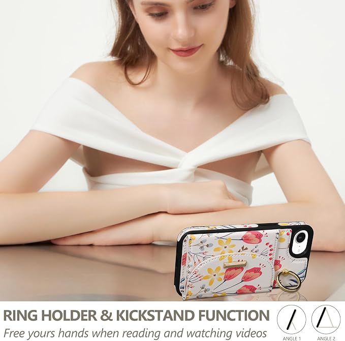 Keallce Wallet Case for iPhone 17e/iPhone 16e, Flip Case with Card Slots, Ring Holder Kickstand, PU Leather Protective Folio Cover for Women,Floral