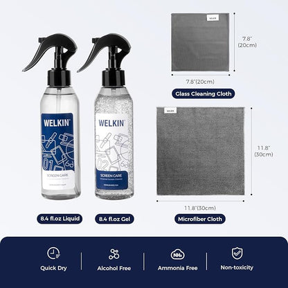 WELKIN Screen Cleaner Spray Kit (250ml + 250ml) - Cleaning Mist and Gel for TV, Laptop, Computer, Phone Touchscreen - 2 Sprayers, 1 Microfiber Cloth & 1 Glass Wipe Included