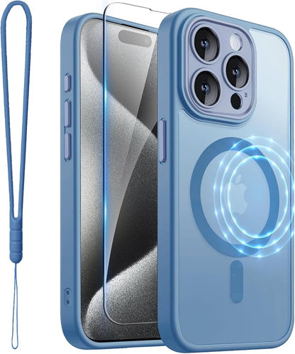 ROYBENS for iPhone 15 Pro-Max Matte Clear Case Compatible with Magsafe, Full Camera Lens Protection, Screen Protector, Wrist Strap, Translucent Magnetic Slim Hard Protective Phone Cover, Blue