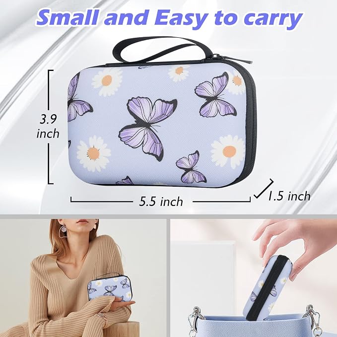 Cute Phone Charger Storage Case Set with Carrying Bag Purple Flowers Floral Butterfly pattern Cable Protector accessories Travel Cable Organizer,Earphone Charger Protector Cover Compatible for iPhone