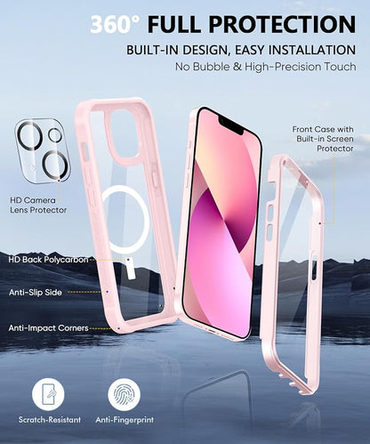 Compatible with iPhone 14 Plus Case, Built-in Screen Protector, with Camera Lens Protector, [Compatible with MagSafe] Full Body Phone Case, Magnetic Protective Cover for 14Plus 6.7" (Pink)