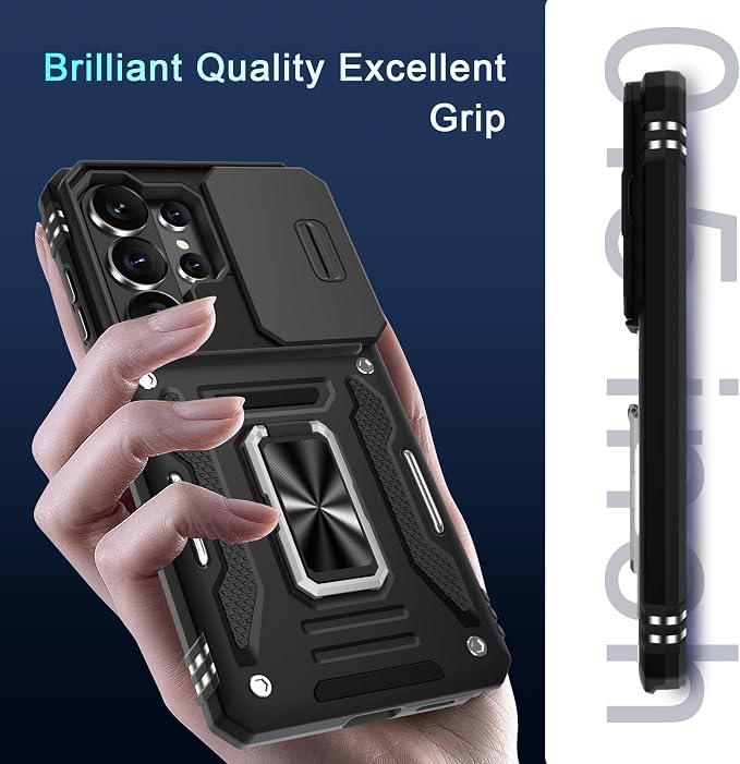 DEERLAMN Case for Samsung Galaxy S26 Ultra 6.9-Inch with Slide Camera Cover+Screen Protector(1 Pack), Rotated Ring Kickstand Military Grade Shockproof Protective Cover-Black