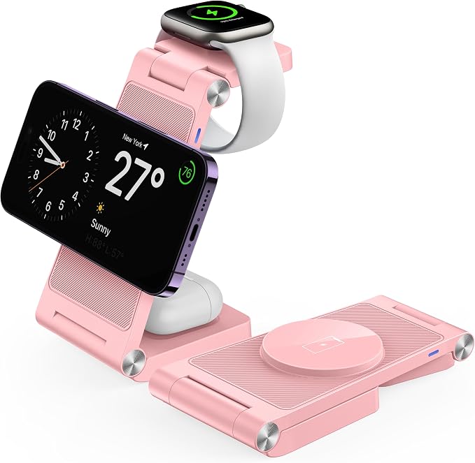 Magnetic Wireless Charger Stand, 3 in 1 Foldable Wireless Charging Station, Travel Charger for Multiple Devices for iPhone 16 15 14 13 12 Series, Apple Watch Ultra/SE/9/8/7/6/5/4/3/2, AirPods