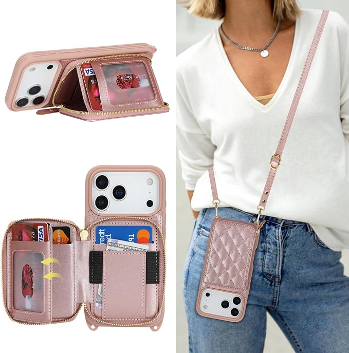 Crossbody Wallet Case for iPhone 17 Pro, PU Leather Zipper Handbag Purse Flip Cover, Kickstand Folio Case with Card Slots Holder Wrist Strap Lanyard 5G 6.3 Inch-Rose Gold