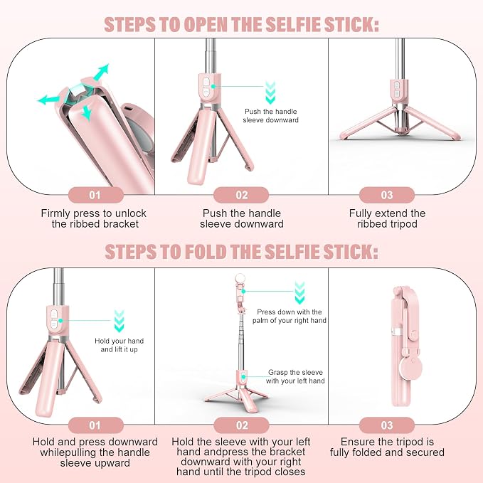 Selfie Stick with Rechargable Remote & Light (1PC), Tripod for iPhone, Cell Phone Stand for Video Recording, Portable Travel Essentials Smartphone Mount Holder, Extendable Vlogging Filming Accessories