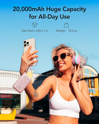 VIYISI Power Bank 20000mAh 30W Fast Charging with Built-in Cables, Pink | LED Display, bulit-in USB C&Lighting cables for iPhone 17/16/15/14, Samsung, iPad and Android Phones