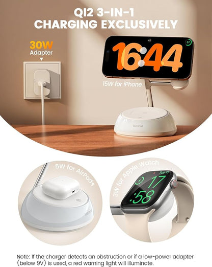 Lamicall 4-in-1 Qi2 Certified Wireless Charging Station for Magsafe, [LED Night Light] 15W Fast Magnetic Charger Stand Gifts, Compatible for iPhone 17 16 15 14 13 Series, Watch, Air pods, 30W Adapter