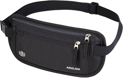 RFID Blocking Money Belt - Passport Holder & Travel Wallet, Slim Hidden Fanny Packs for Women Men - Black