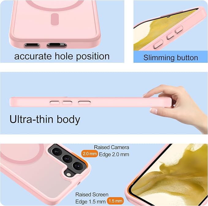 Pilaru for Samsung Galaxy S22 Case [Compatible with Magsafe] Translucent Matte Magnetic Phone Case,Slim Thin Duty Shockproof Protection Cover with 2pc HD Screen Protector-Pink