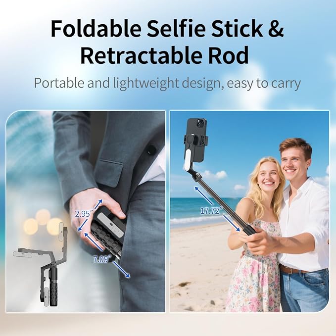 TOALLIN Selfie Stick with Light for Smartphone, Gimbal Stabilizer with Remote, Retractable and Foldable Phone Tripod for iPhone & Android, Video Recording, Streaming, Vlogging